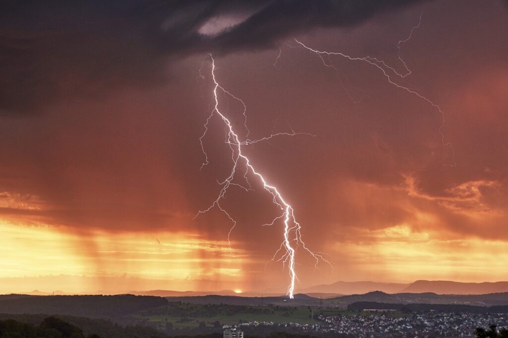 A storm, spectacular lightening lighting up the sky