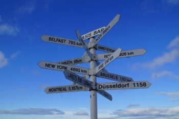 A signpost, pointing to places around the world. Which direction are you taking in life?