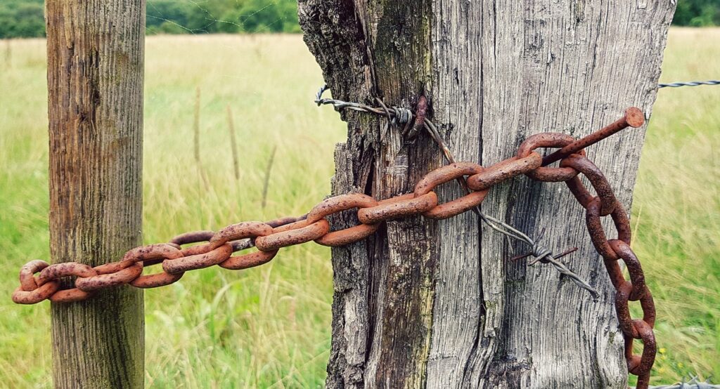 A rusty chain and barbed wire, getting in the way.