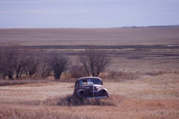 An abandoned car, rusting away, in the middle of a field.